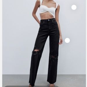 Zara-RIPPED WIDE LEG JEANS